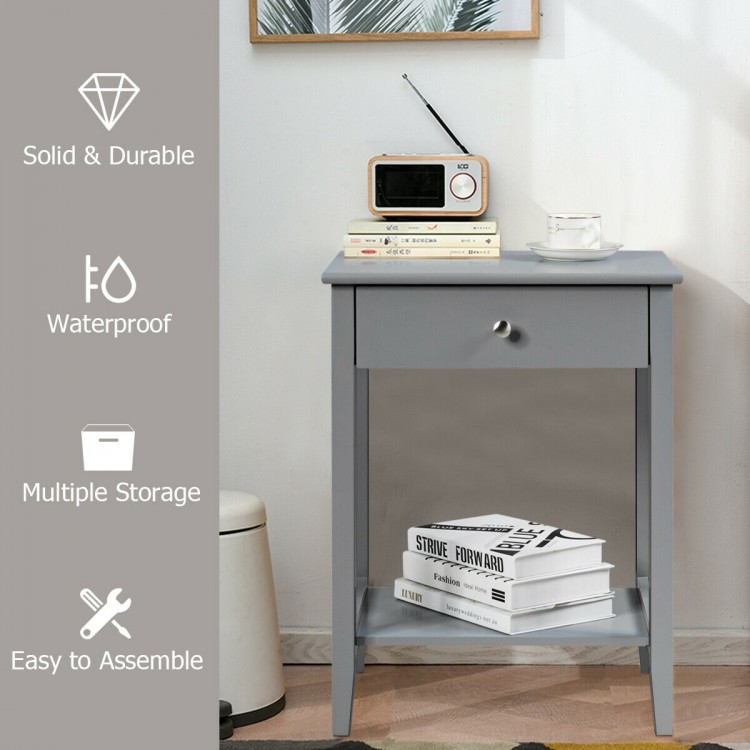 Gray wooden bedside table featuring a spacious tabletop, sliding drawer, and open shelf for convenient storage.