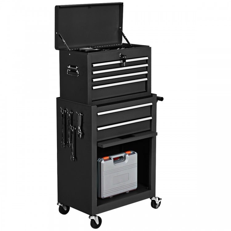 Rolling cabinet storage chest toolbox in black, featuring multiple drawers, lockable design, and sturdy steel.
