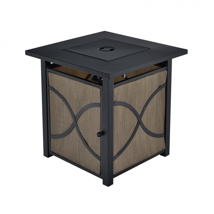 25-inch propane fire pit table with removable lid, 40,000 BTU, stainless steel burner, ideal for outdoor patios.