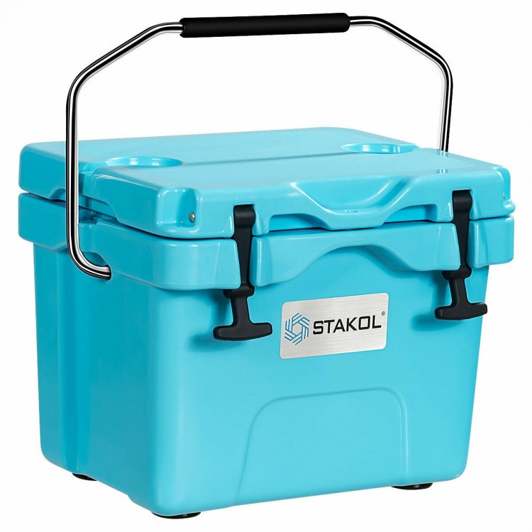 Portable insulated ice cooler in blue with 24-can capacity, reinforced latches, and two cup holders for outdoor.