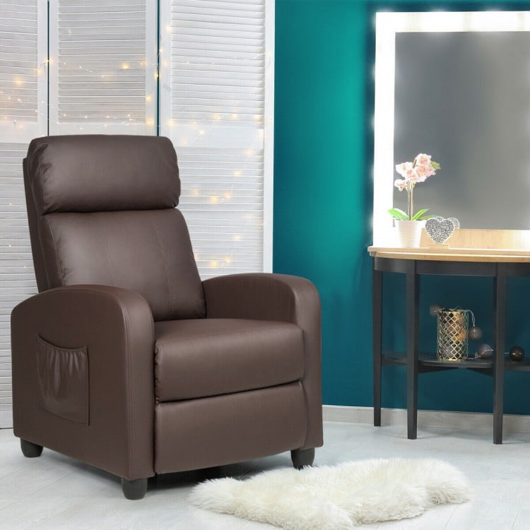 Brown recliner sofa wingback chair with massage function, adjustable angles, and remote control for ultimate relaxation.