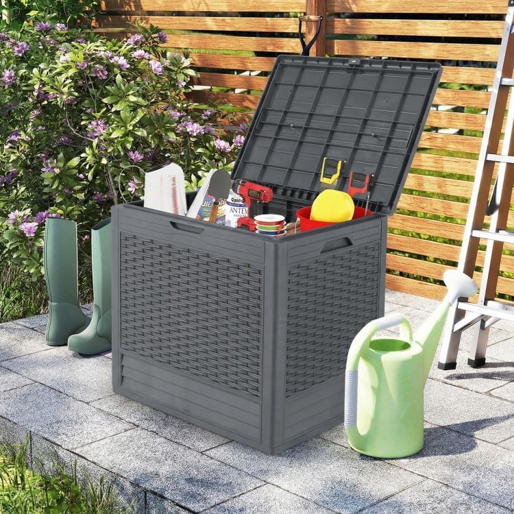 Gray 25-gallon outdoor storage box with rattan patterns, ideal for organizing garden tools and accessories.