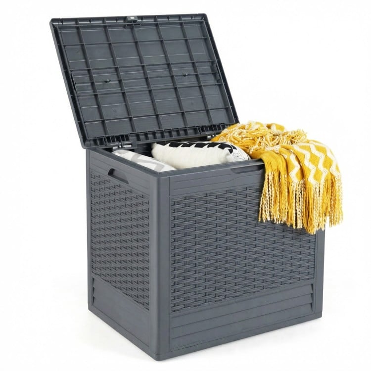 Gray 25-gallon outdoor storage box with rattan patterns, ideal for organizing blankets and patio accessories.