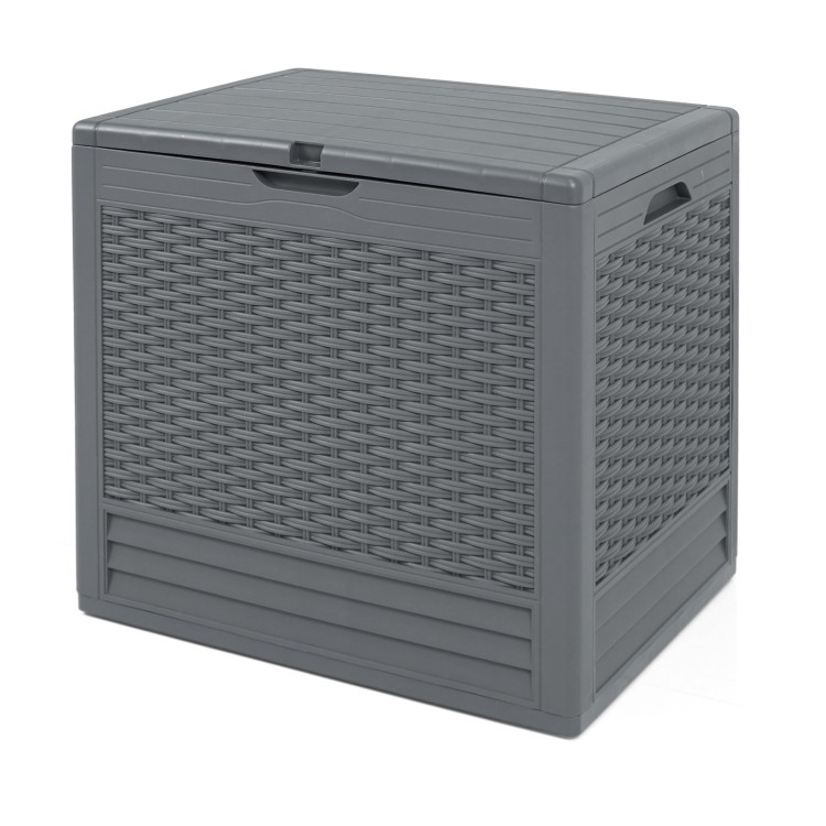 Gray 25-gallon outdoor storage box featuring rattan patterns, ideal for organizing patio essentials.