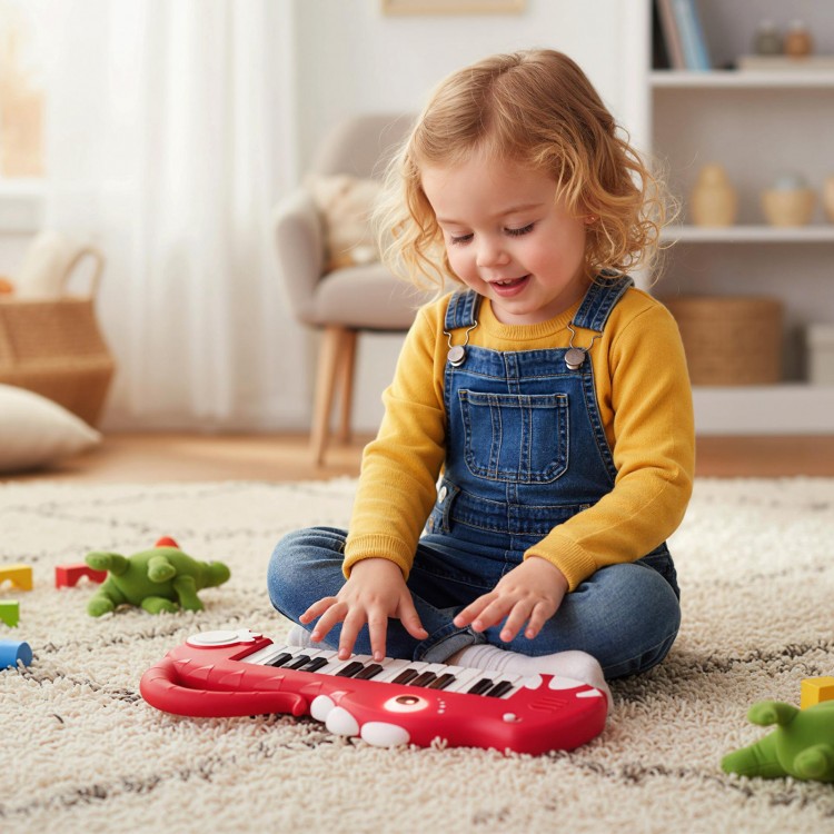 Child playing with a red dinosaur-shaped 25-key kids piano keyboard, featuring lights and music for fun learning.