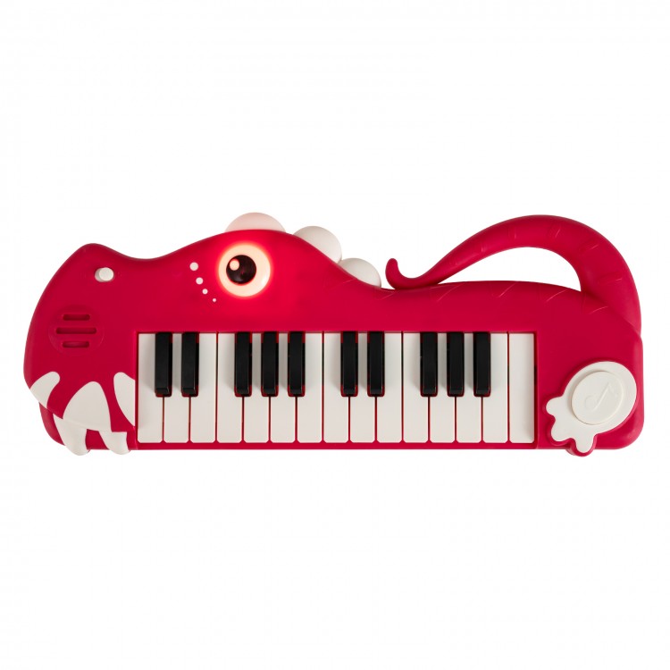 Dinosaur-shaped 25-key kids piano in red with lights and music, perfect for developing creativity and fine motor skills.