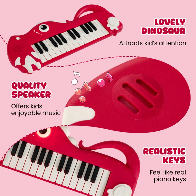 Dinosaur-shaped 25-key kids piano keyboard in red, featuring realistic keys and a quality speaker for musical fun.