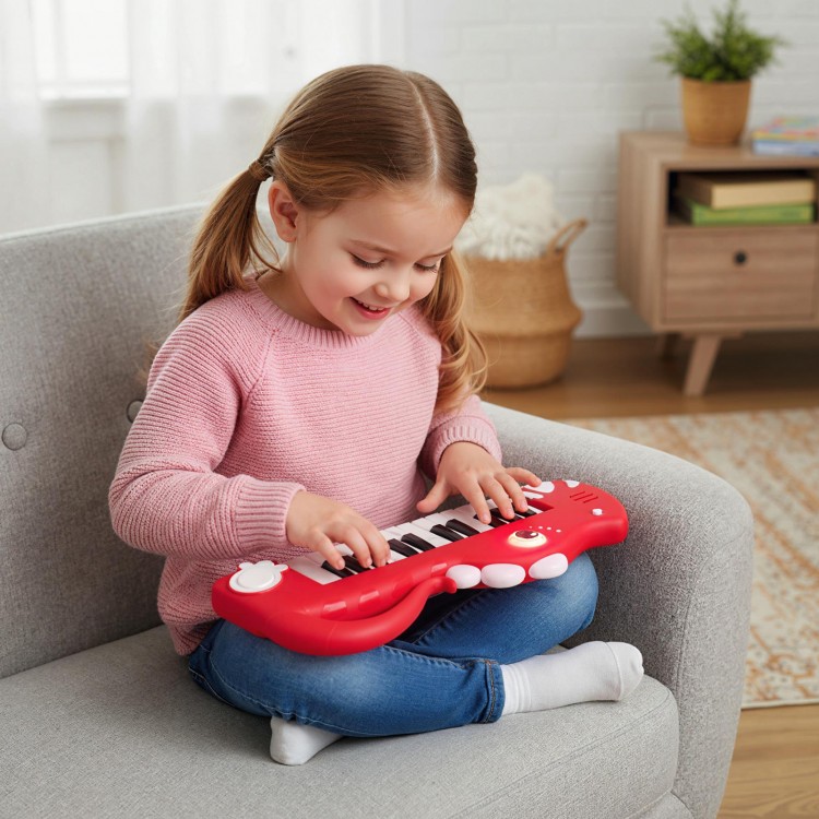 Red dinosaur-shaped 25-key kids piano keyboard, featuring built-in music and lights, perfect for developing creativity.