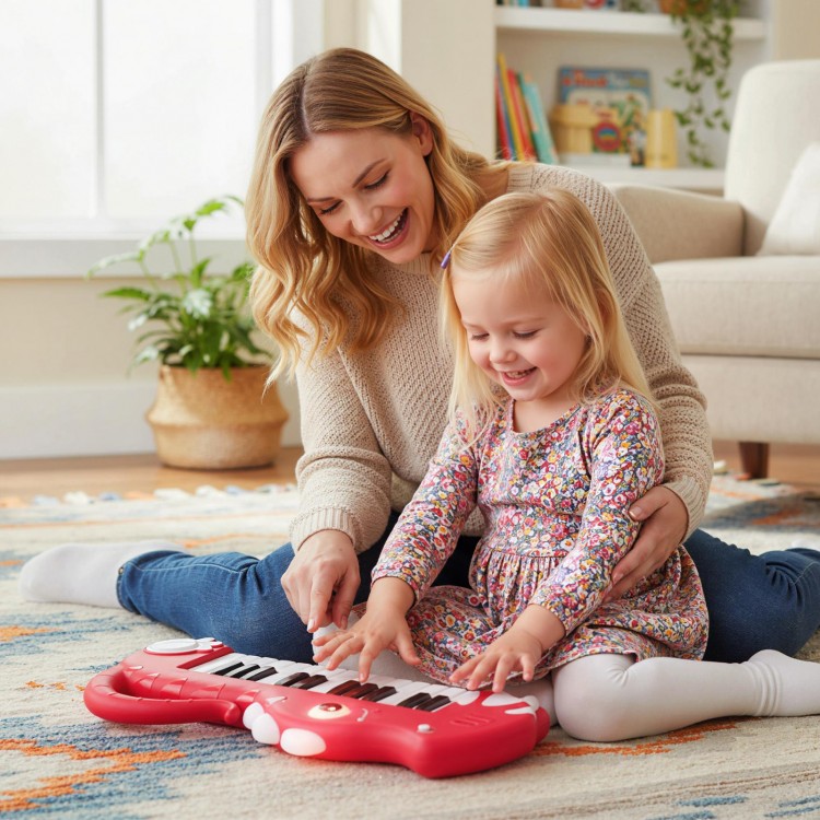 Kids playing with a red dinosaur-shaped 25-key piano keyboard, promoting music interest and creativity in a cozy.