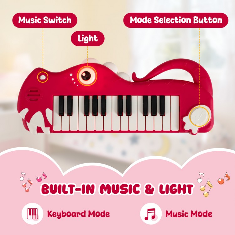 Dinosaur-shaped 25-key kids piano keyboard in red with built-in music, light, and easy-carry handle for fun learning.