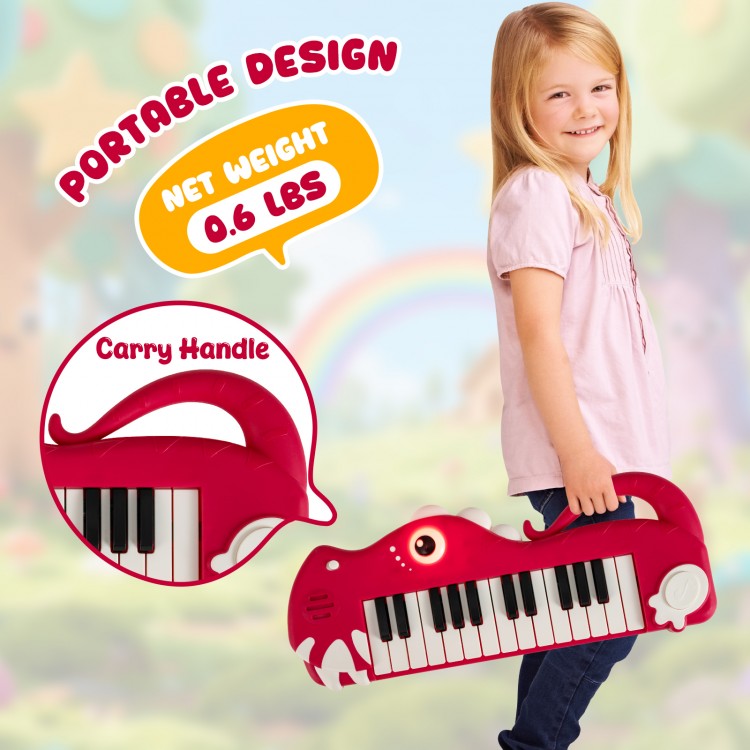 Dinosaur-shaped 25-key kids piano keyboard in red with carry handle, designed for easy transport and musical fun.