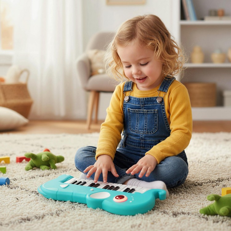 Child playing with a light-blue elephant-shaped 25-key piano keyboard, designed for music learning and fun.