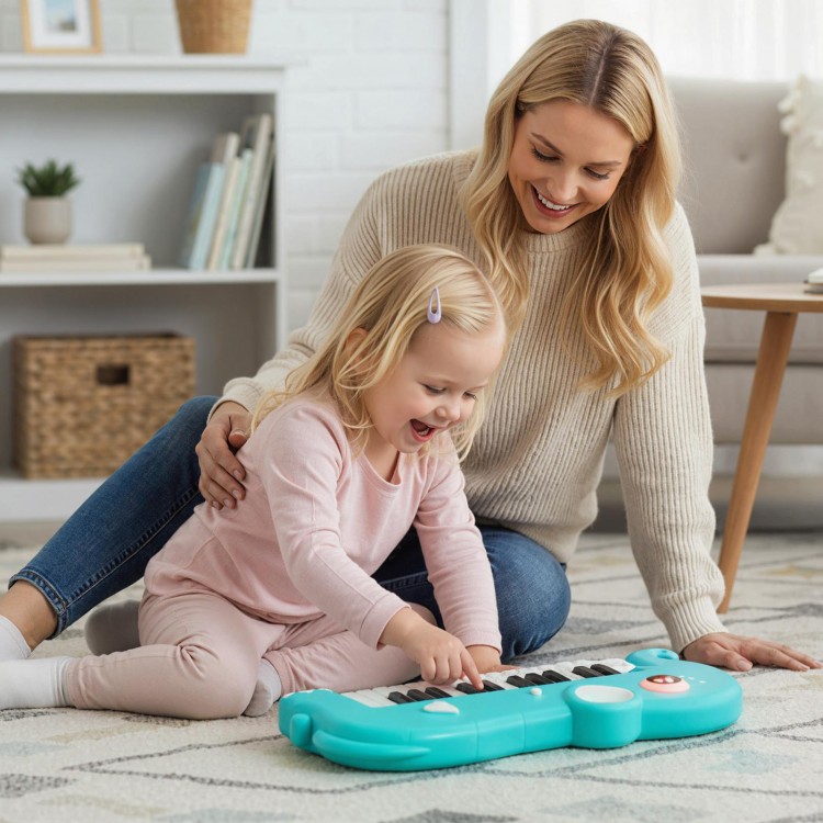 Child playing with a light-blue elephant-shaped 25-key piano keyboard, promoting music interest and creativity.