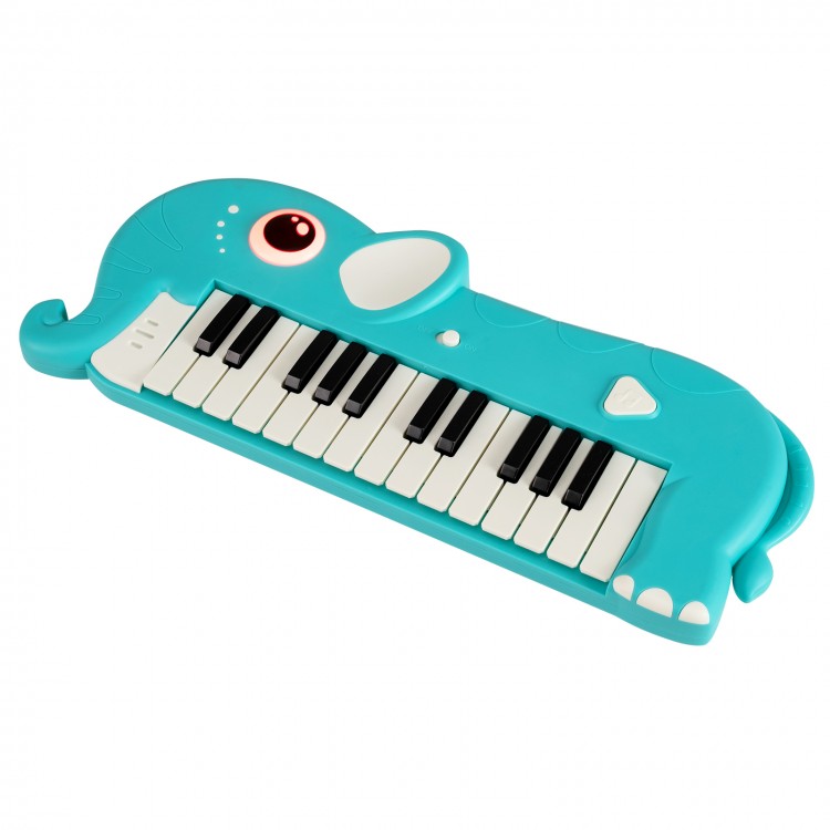 Elephant-shaped 25-key kids piano keyboard in light blue, featuring built-in music and lights for fun learning.