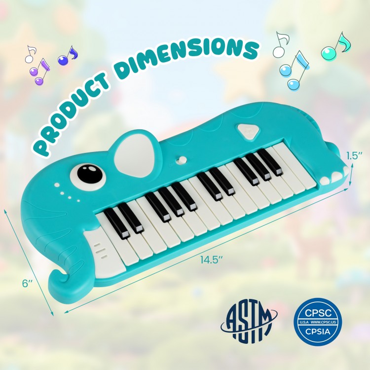 Elephant-shaped 25-key kids piano keyboard in light blue, featuring built-in music and compact design for easy storage.