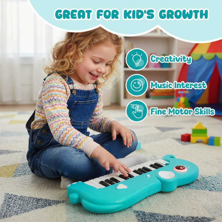 25-key elephant-shaped kids piano in light blue, promoting music interest and fine motor skills for creative play.
