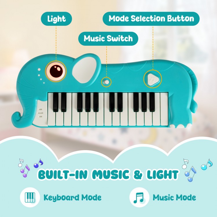 Elephant-shaped 25-key kids piano keyboard in light blue with built-in music and light for fun learning.