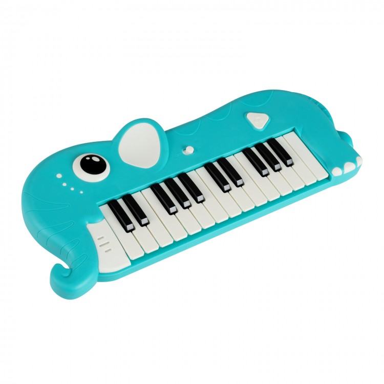 25-key elephant-shaped kids piano in light blue, featuring built-in music and lights for fun learning experiences.