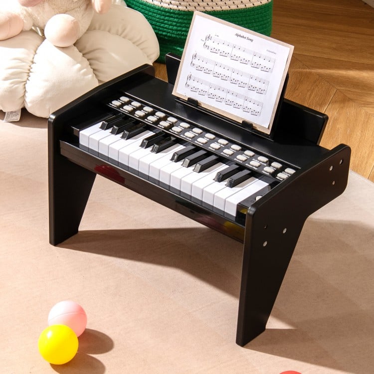 25-key black kids piano keyboard with adjustable speed and volume, perfect for toddlers aged 3+, featuring sturdy legs.