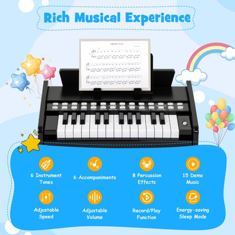 25-key kids piano keyboard in black with adjustable speed and volume, ideal for toddlers aged 3+, promotes musical.