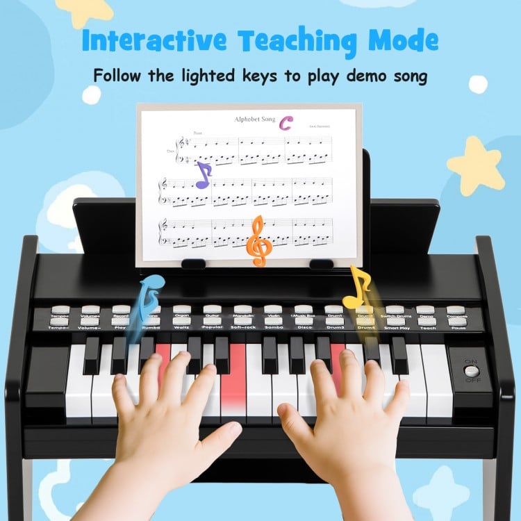 25-key kids piano keyboard in black with hands playing, featuring adjustable speed and volume for toddlers' music.