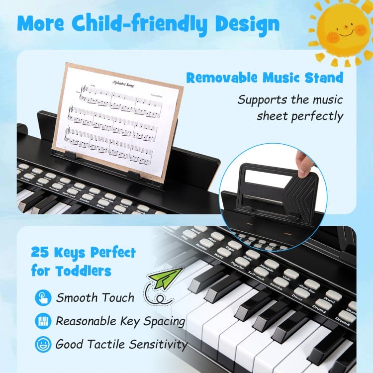 25-key kids piano keyboard in black with removable music stand, designed for toddlers' safe and enjoyable play.