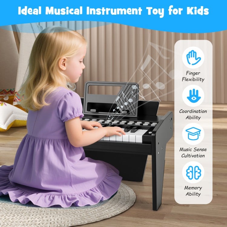 Kids piano keyboard with 25 keys, adjustable speed and volume, designed for musical development and safe play.