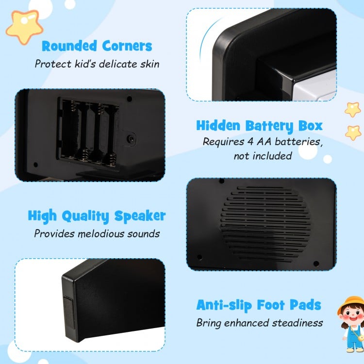25 keys kids piano keyboard in black with rounded corners, high-quality speaker, and anti-slip foot pads for stability.