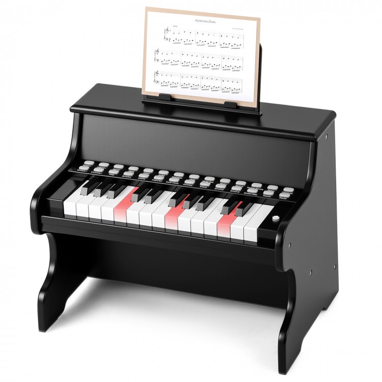 25-key black kids piano keyboard with adjustable speed, teaching mode, and sturdy design for safe play.