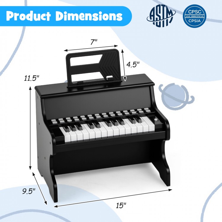 Product dimensions of the 25 keys kids piano keyboard in black, designed for toddlers, showcasing its compact size and.