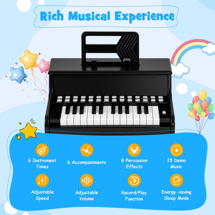 25-key kids piano keyboard in black with adjustable speed, volume, and teaching mode for toddlers' musical fun.
