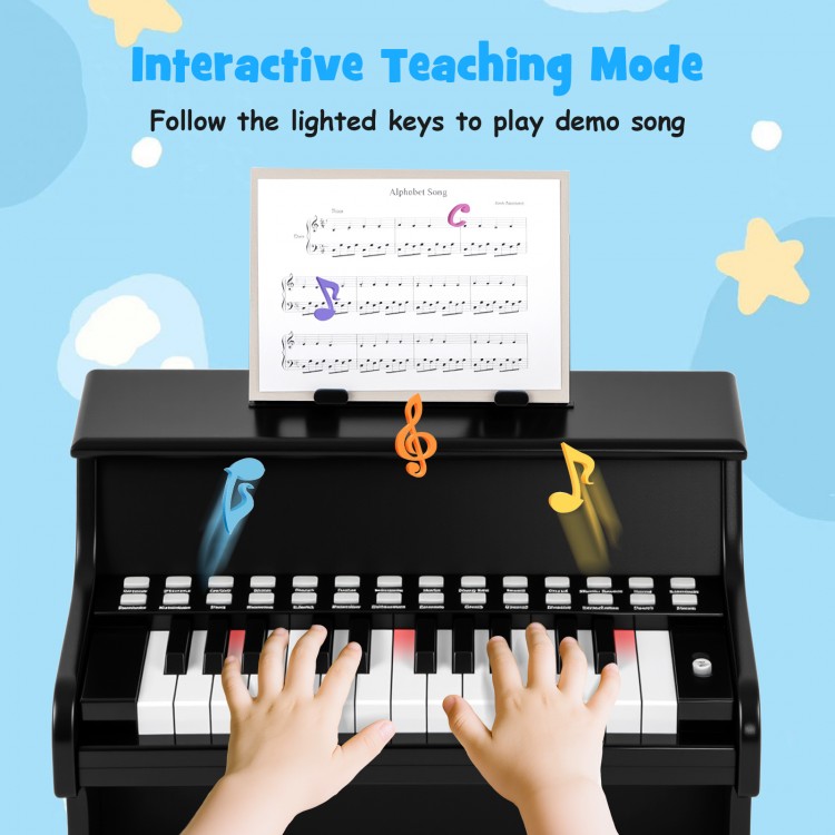 25-key kids piano keyboard in black with interactive teaching mode, ideal for toddlers aged 3+ to enhance musical.