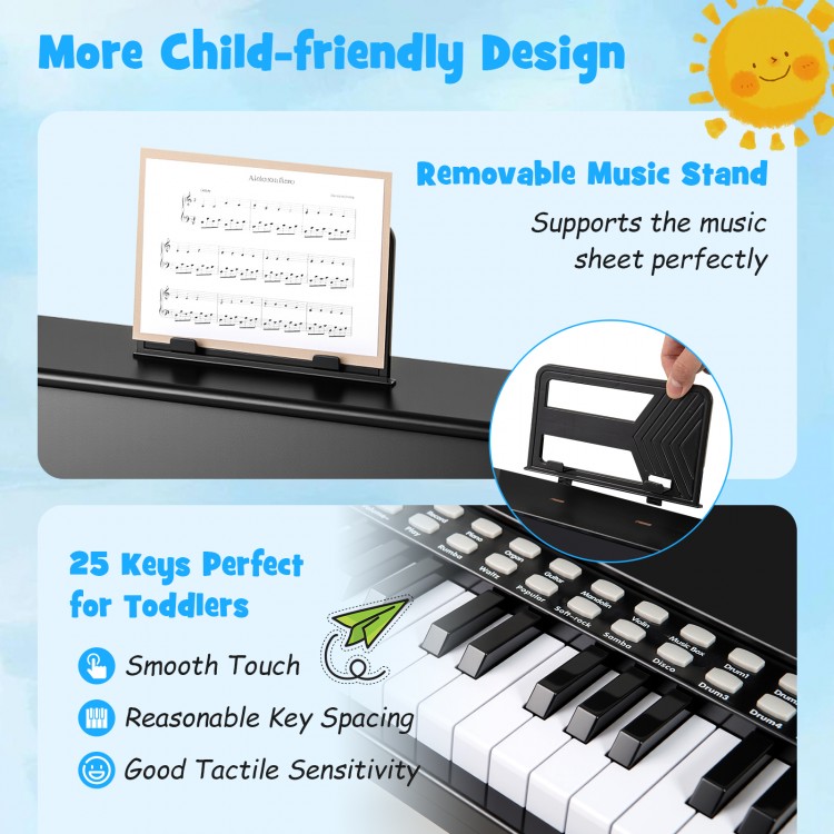 25 keys kids piano keyboard in black with removable music stand, ideal for toddlers' musical learning and play.
