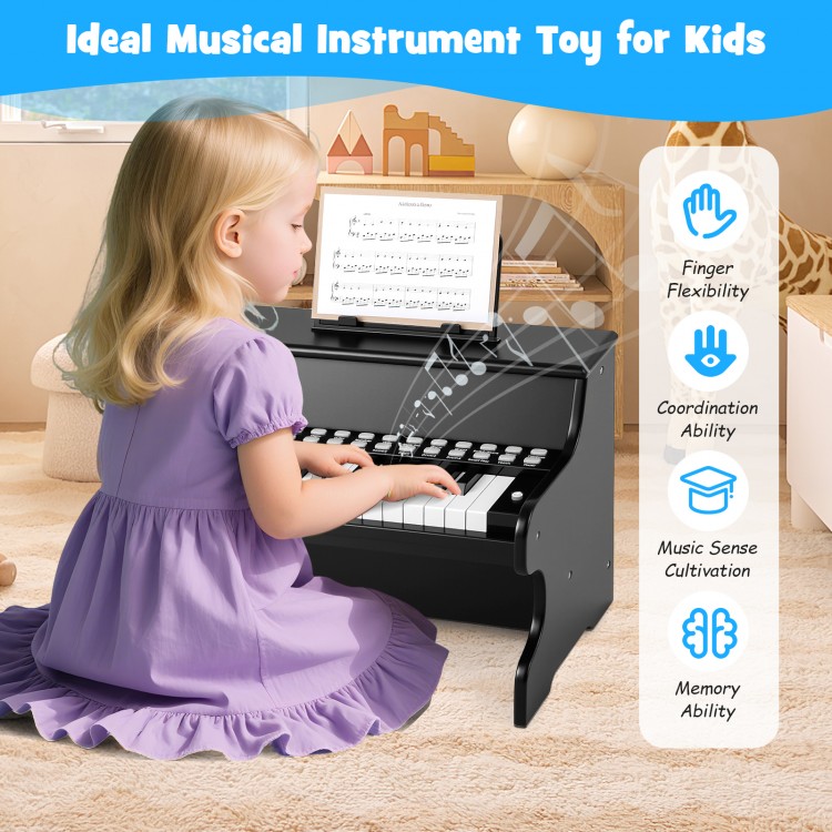 Kids piano keyboard with 25 keys in black, featuring adjustable speed and teaching mode, perfect for musical learning.