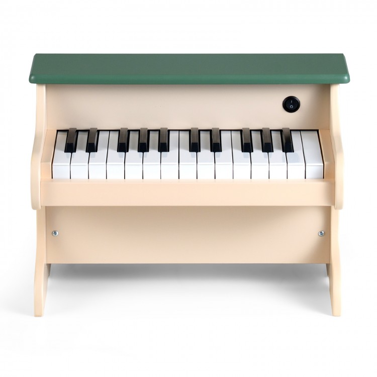 25-key wooden digital piano toy in green, featuring a sturdy design and safe rounded corners for kids' musical fun.