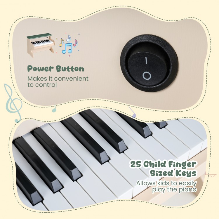Child-sized keys and power button on the 25 Keys Kids Piano Keyboard, perfect for safe and fun music learning.