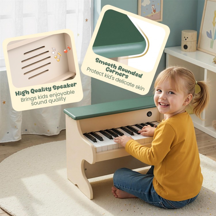 Kids' wooden digital piano toy with 25 keys and premium speaker, featuring rounded corners for safe play and creativity.
