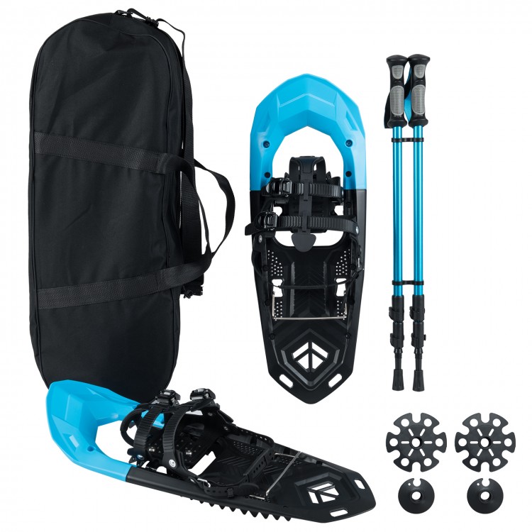 Lightweight 25” blue snowshoes with trekking poles and carry bag, featuring adjustable bindings and durable materials.