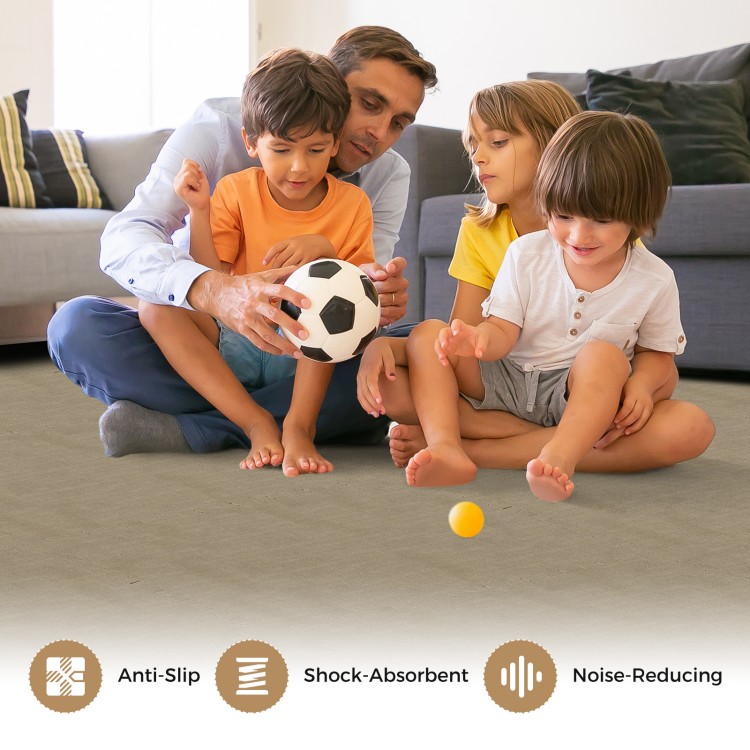 Foam floor tiles in beige, showcasing anti-slip, shock-absorbent features, ideal for kids' play areas.