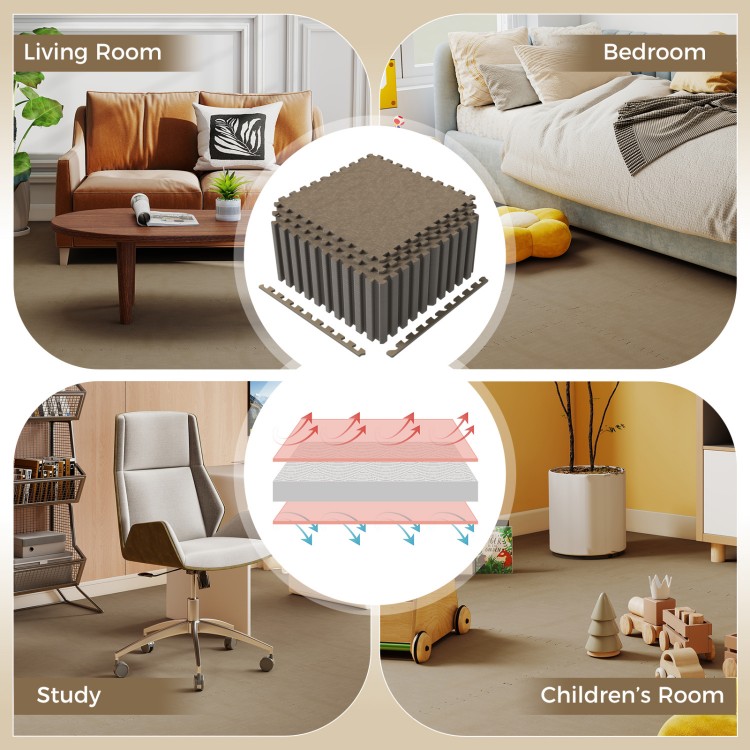 Beige interlocking foam floor tiles with edge borders, 0.4" thick, ideal for living room, bedroom, and children's room.