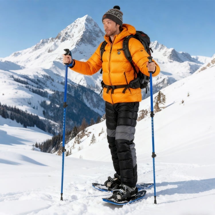 Snowshoes with trekking poles in blue, featuring adjustable bindings and aluminum frame for winter hiking adventures.