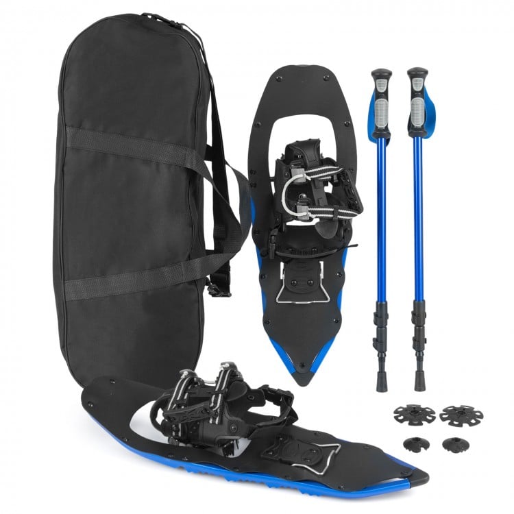 25” blue snowshoes with trekking poles, featuring adjustable bindings and lightweight aluminum frame for winter hikes.