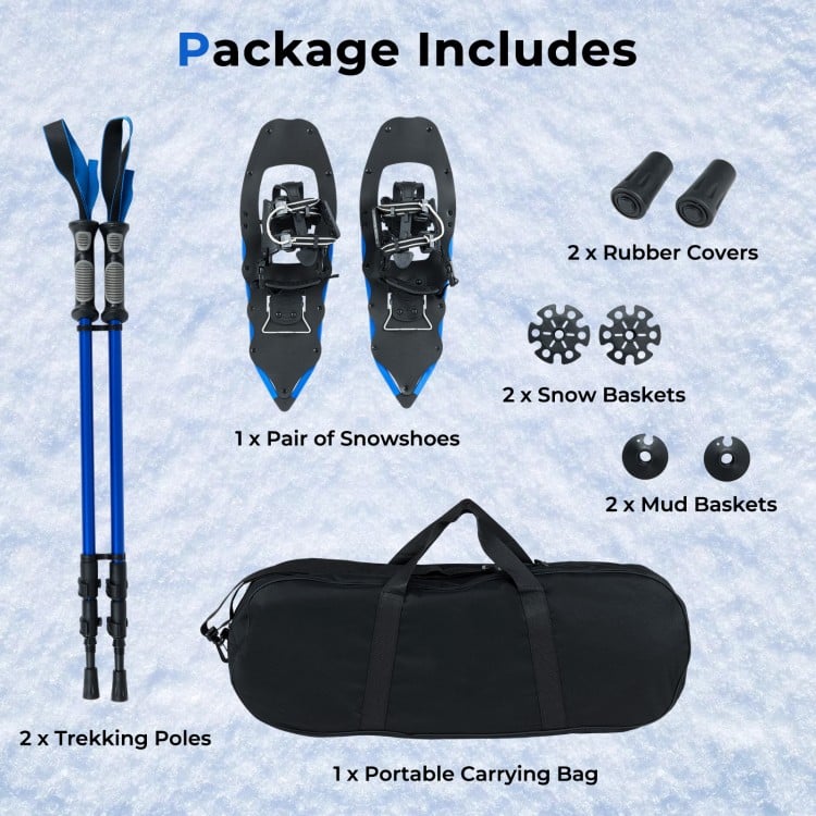 25” blue snowshoes with trekking poles, adjustable bindings, and carrying bag for winter hiking adventures.