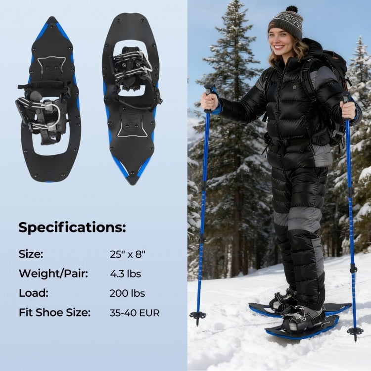 25” snowshoes with trekking poles in blue, featuring adjustable bindings and lightweight aluminum frame for winter.