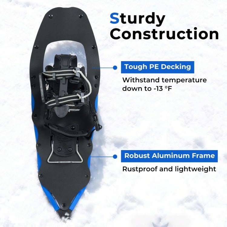 25” blue snowshoe featuring tough PE decking and a robust aluminum frame, designed for winter hiking and durability.