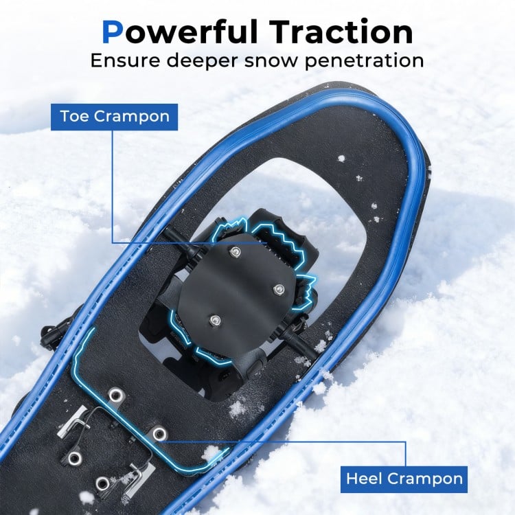 Close-up of the 25” snowshoe's toe and heel crampons, designed for powerful traction in deep snow conditions.