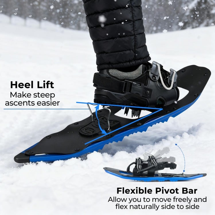25” blue snowshoe with adjustable bindings and heel lift for easy ascents, ideal for winter hiking adventures.