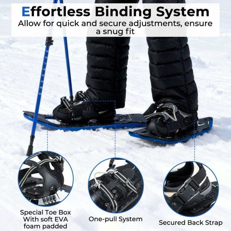 Close-up of the adjustable binding system on 25” blue snowshoes, featuring a one-pull system for a secure fit.