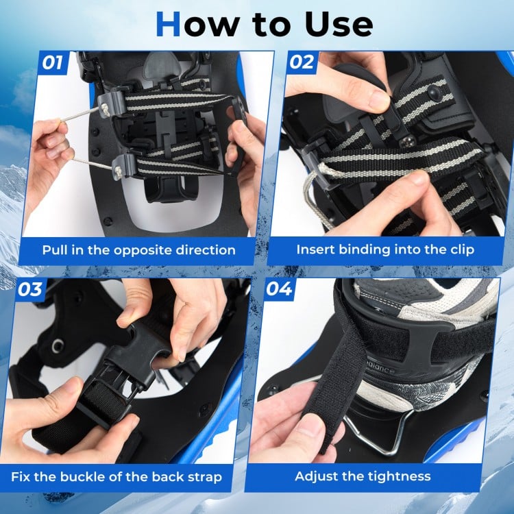 Step-by-step guide for using 25” blue snowshoes with adjustable bindings and trekking poles for winter hikes.