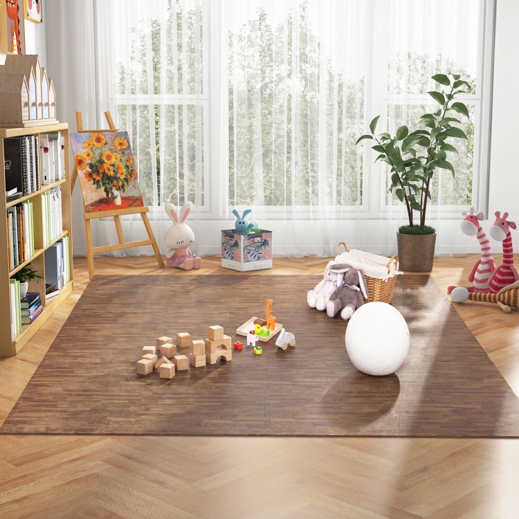 Brown wood grain foam floor mats arranged in a cozy play area with toys and plants, perfect for children's spaces.